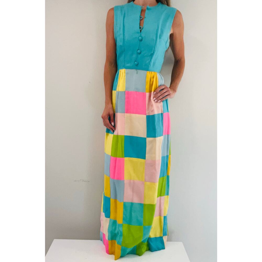1970s Vintage Maxi Patchwork Dress Bold Bright Colors New York Designer - Picture 1 of 14